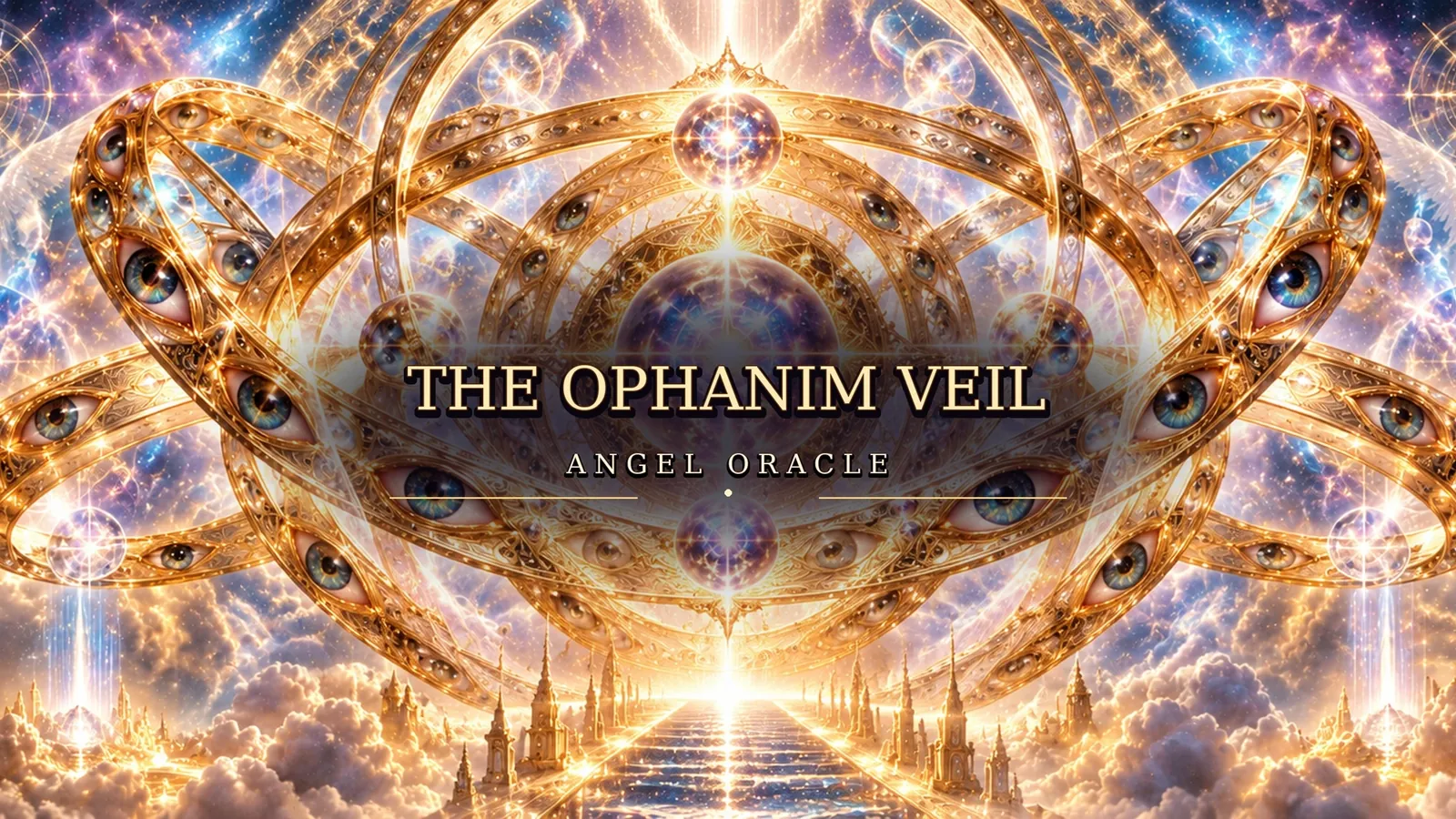The Ophanim Veil angel oracle — golden celestial wheels within wheels adorned with all-seeing eyes above a path of light