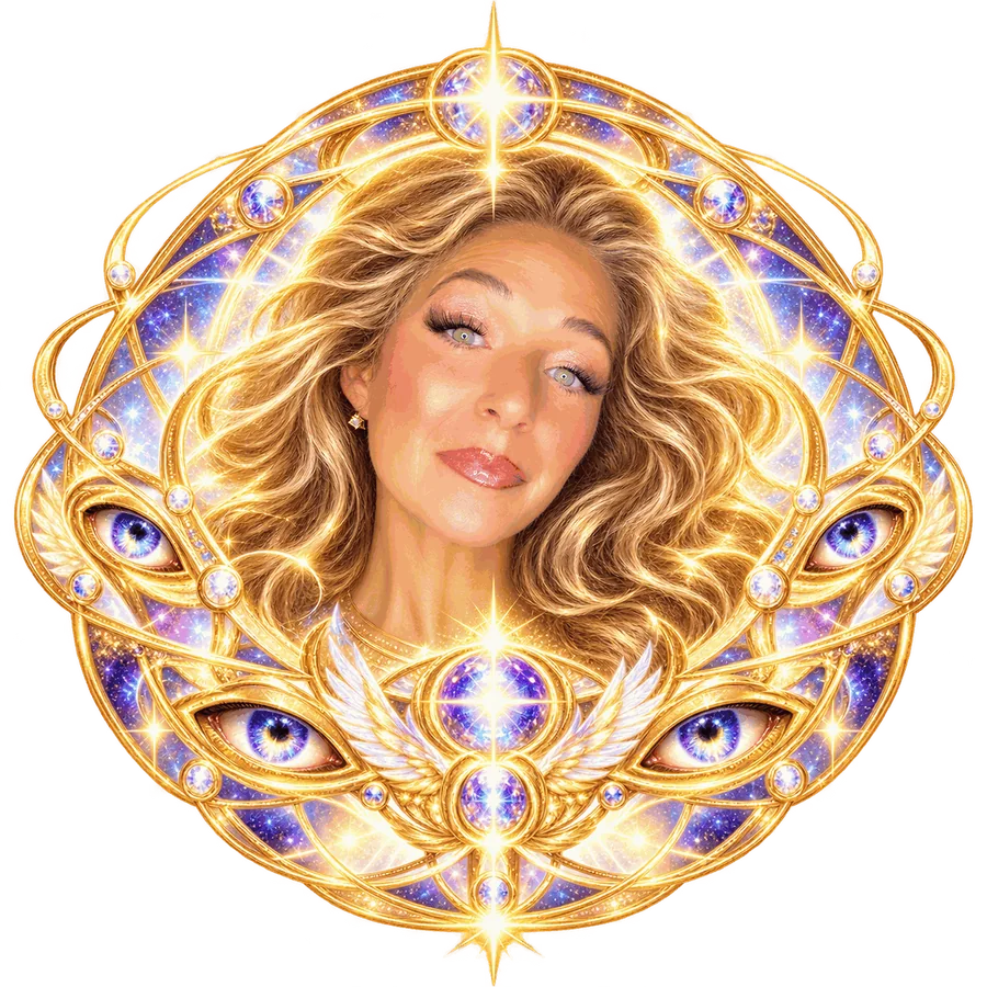 Opheliara — Amber Ellis within a golden celestial medallion of Ophanim wheels, stars, and all-seeing eyes